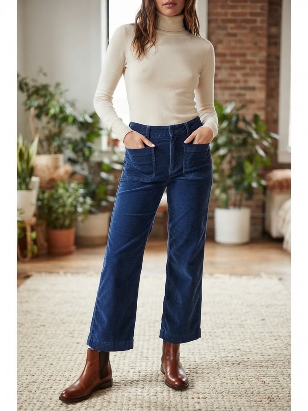 FREE PEOPLE Wide-Leg High-Rise Jeans in Deep Blue corduroy Velvet Size 6 P